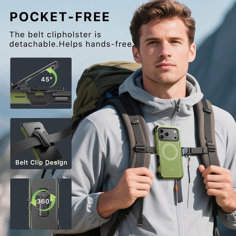 M MYBAT PRO for iPhone 17 Pro Case with Belt Clip Holster,[Compatible with Magsafe] w/Screen Protector,Anti-Drop,Shockproof,w 360°Rotating Kickstand,Heavy Duty Protection (Army Green) - Image 4